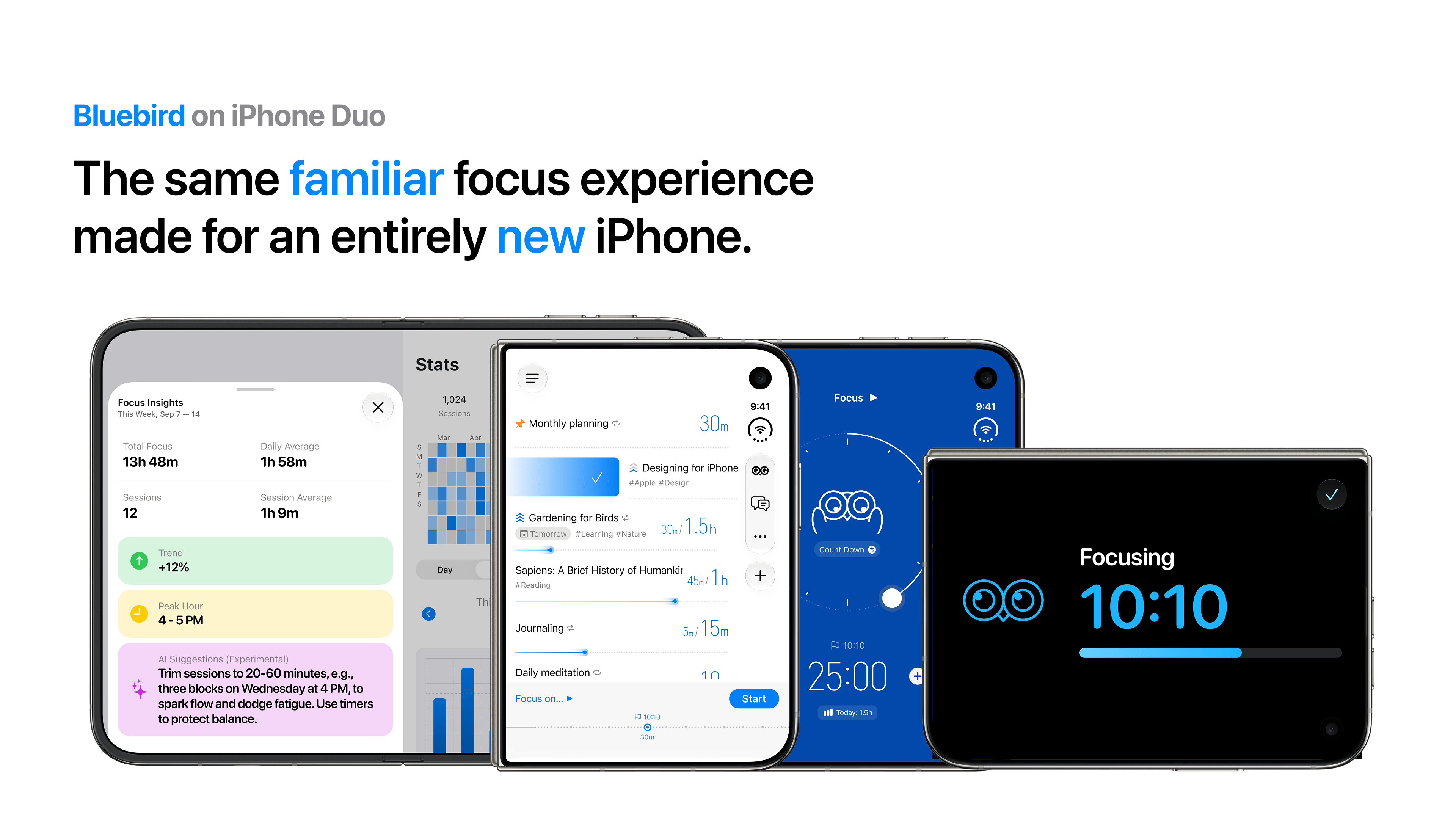 Bluebird on iPhone Duo's outer and inner displays