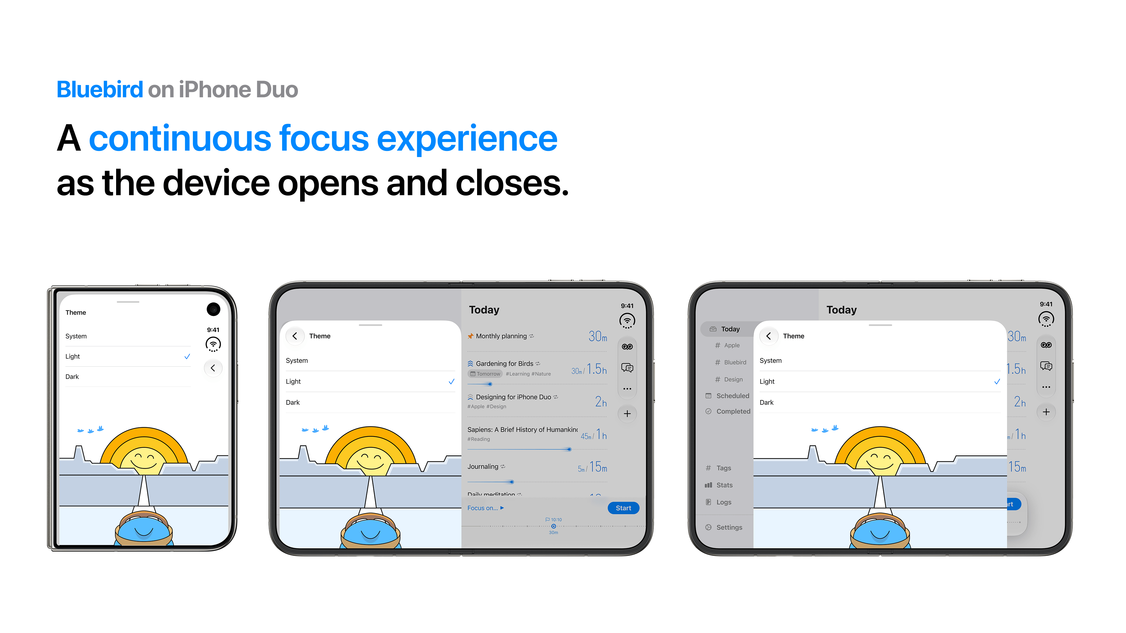 The same Bluebird settings page across iPhone Duo layouts
