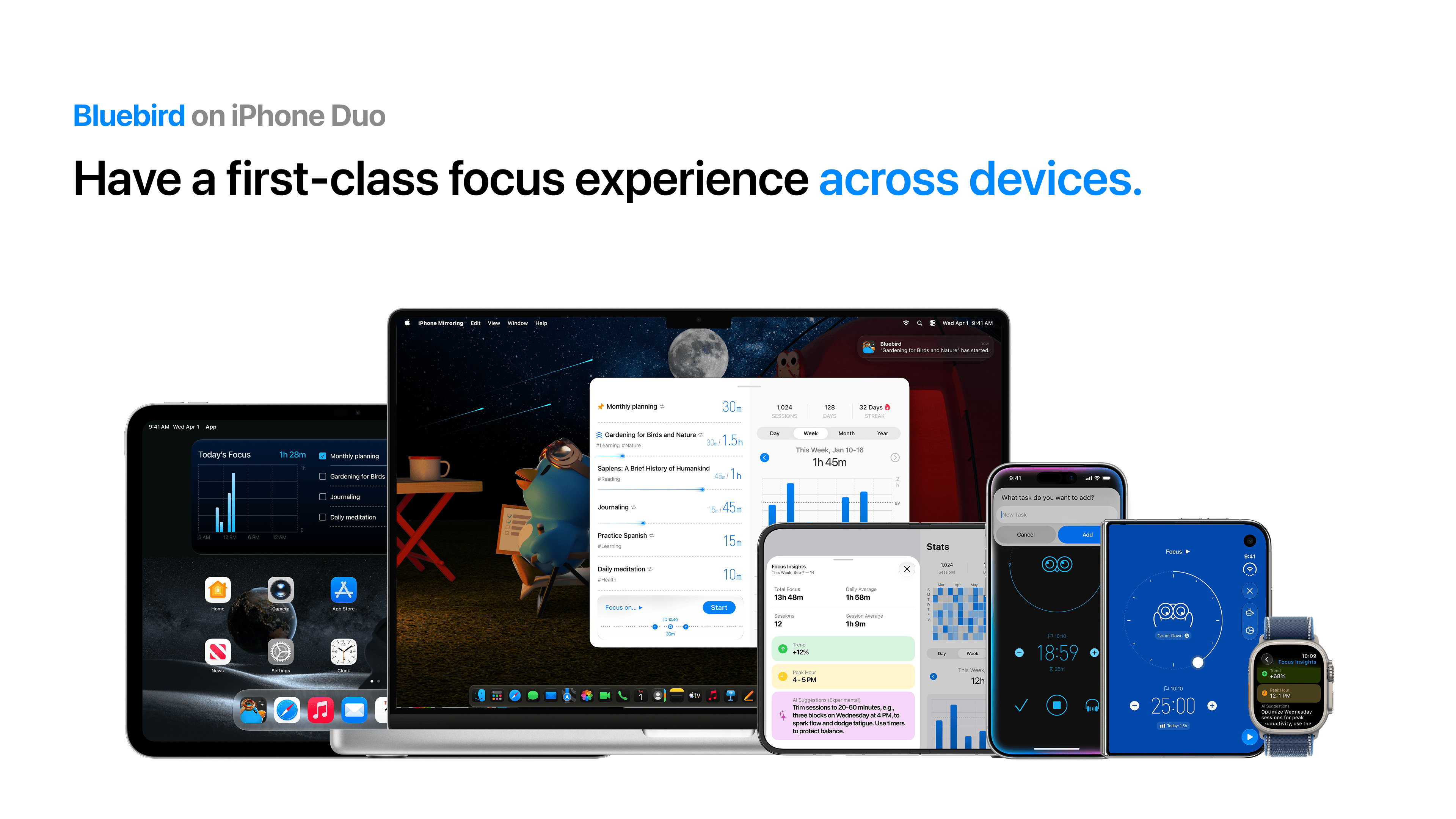 Bluebird across Apple devices, including iPhone Duo